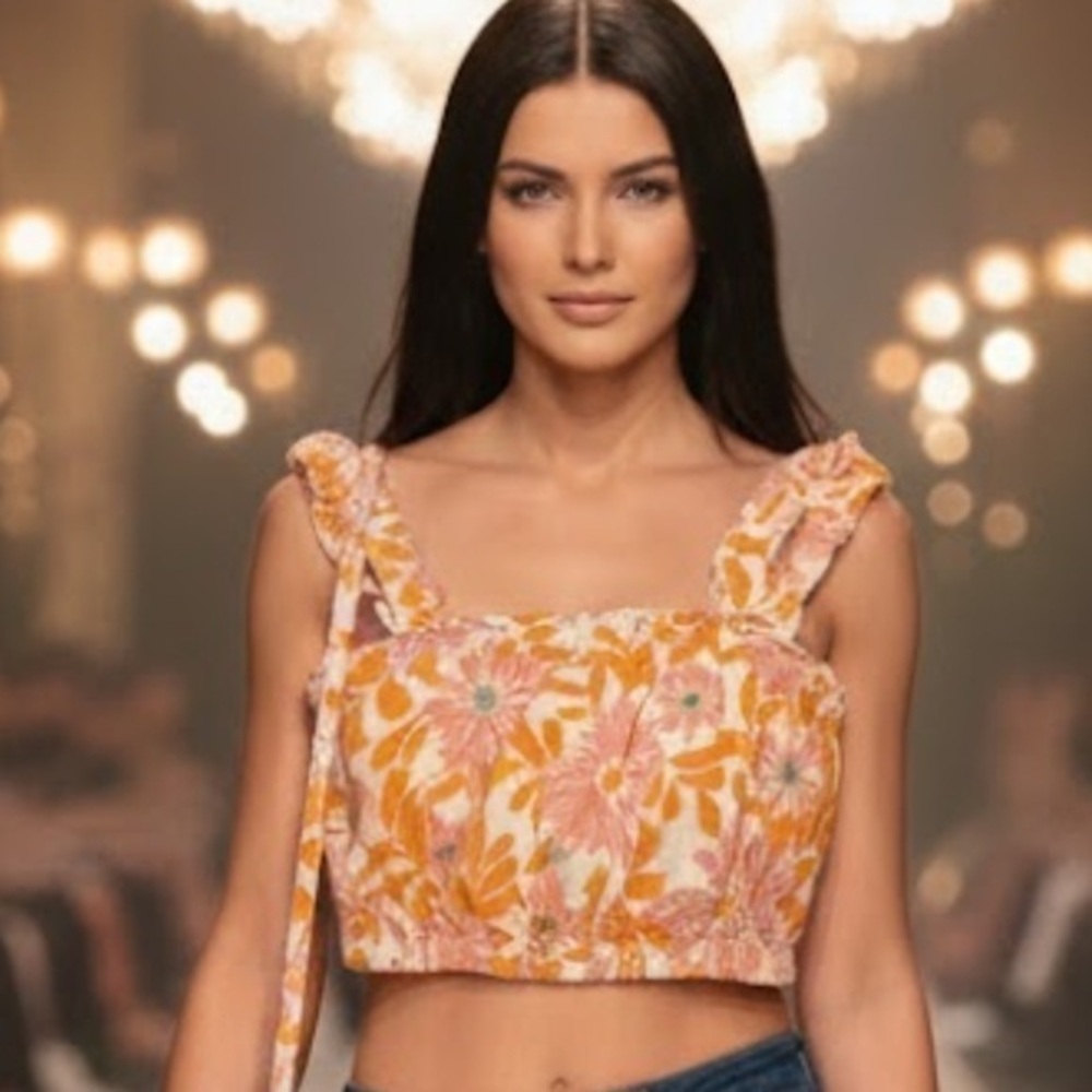 Aerie Floral Orange and Pink Cotton Crop Top size medium
